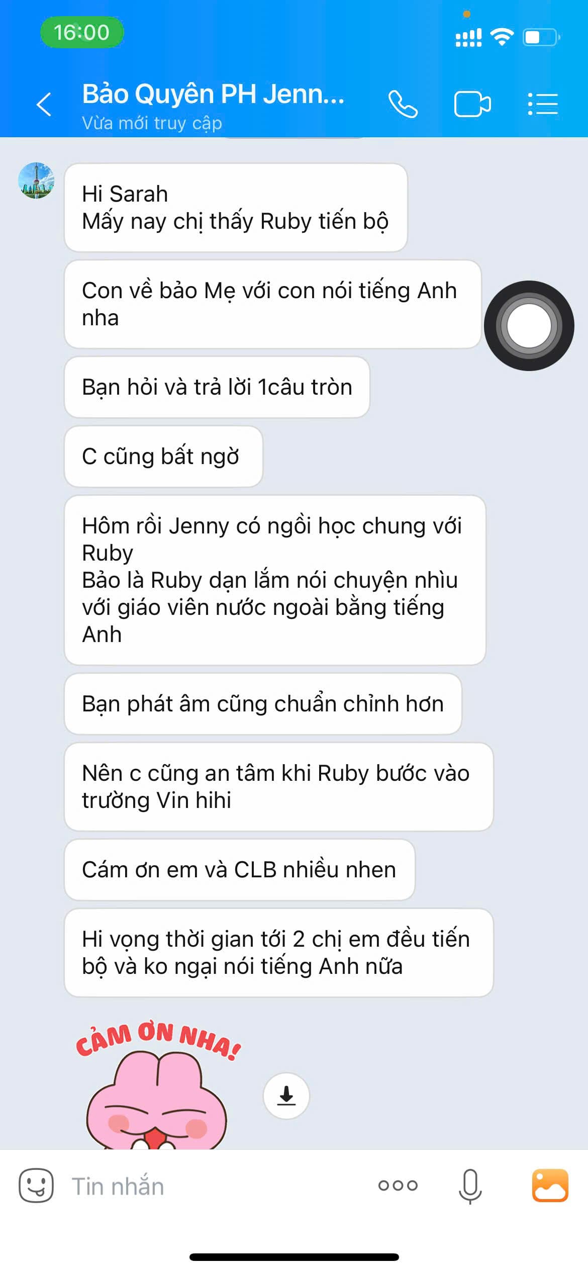 Phụ huynh chia sẻ về tiến bộ giao tiếp tiếng Anh của bé Ruby