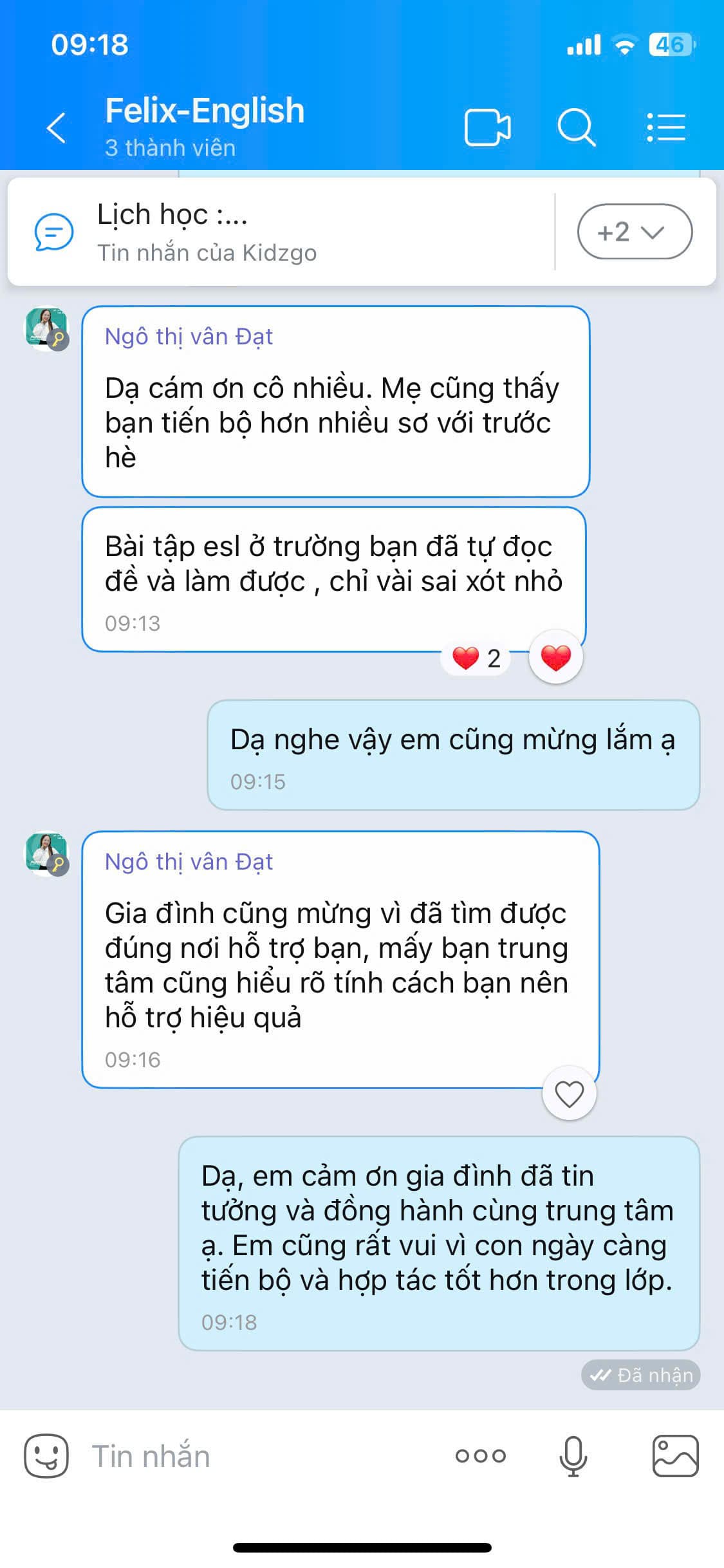 Phụ huynh chia sẻ về sự tiến bộ rõ rệt của học viên trong học tập